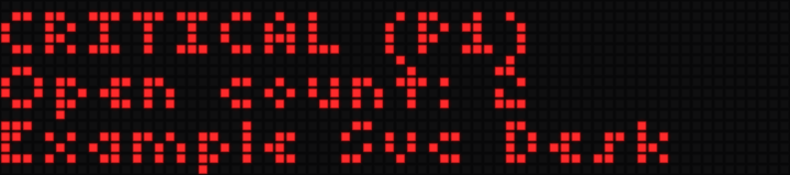Critical display showing CRITICAL (P1), an open count, and the org name